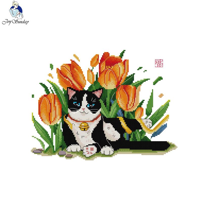 JoySunday Katze Muster Gedruckt Kreuz Stich Kits Aida Tuch 16CT 14CT Stoff DIY Handwerk Nadel Canva Hand Stickerei Set für Geschenk – Detail 1