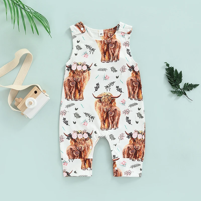 FOCUSNORM 0-18M Summer Cute Baby Boys Girls Romper Clothing Cow Flower Print Sleeveless Button Jumpsuits Baby Bodysuits for boy