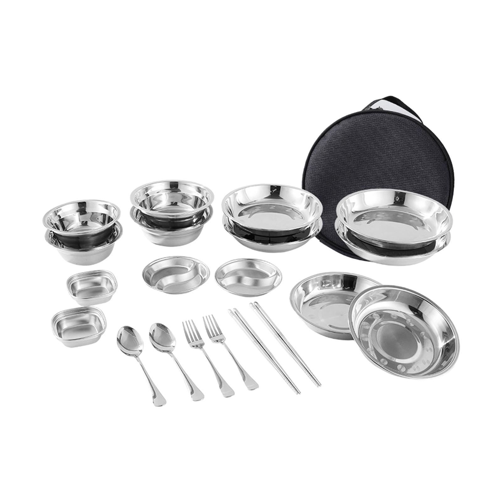 Stainless Steel Plates and Bowls Camping Set Tableware with Carrying Bag Camping Utensils Set for Travel Party Hiking Picnic BBQ