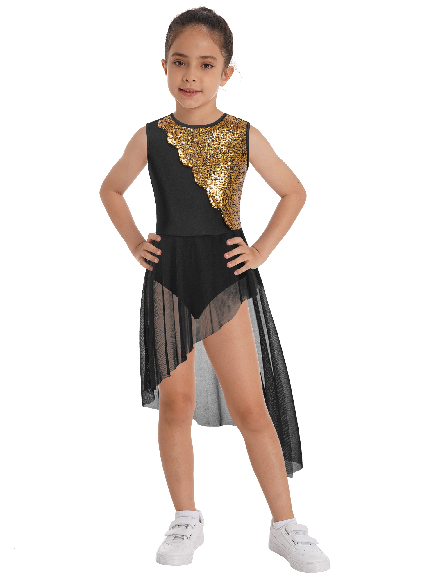 Kinder Mädchen lyrische Tanz kleid Ballett Tutu Eiskunstlauf Gymnastik Performance Kostüm ärmellose glänzende Pailletten Trikot Kleider – Detail 2
