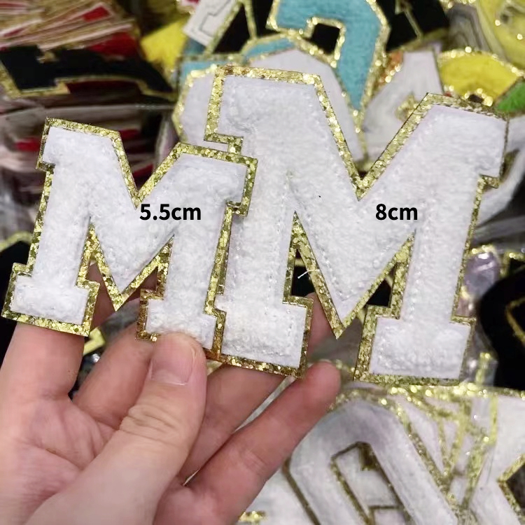 Description Picture 2 of item5.5CM White Chenille Letter Patches Iron on Towel Embroidered Felt Alphabet Glitter Sequins Heat Adhesive Applique DIY Accessory