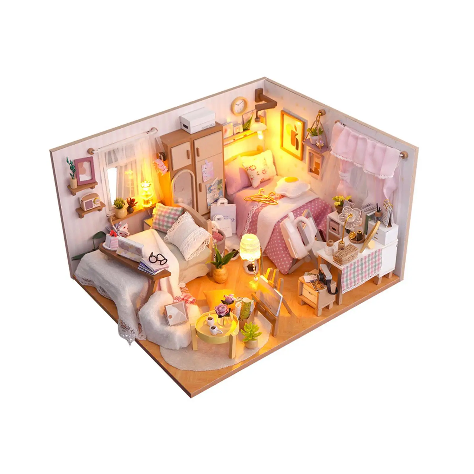 3D Wooden Miniature Dollhouse Kits with Furniture and Ornaments for Boys Girls Artwork Easy to Assemble Fashion Creative Bedroom