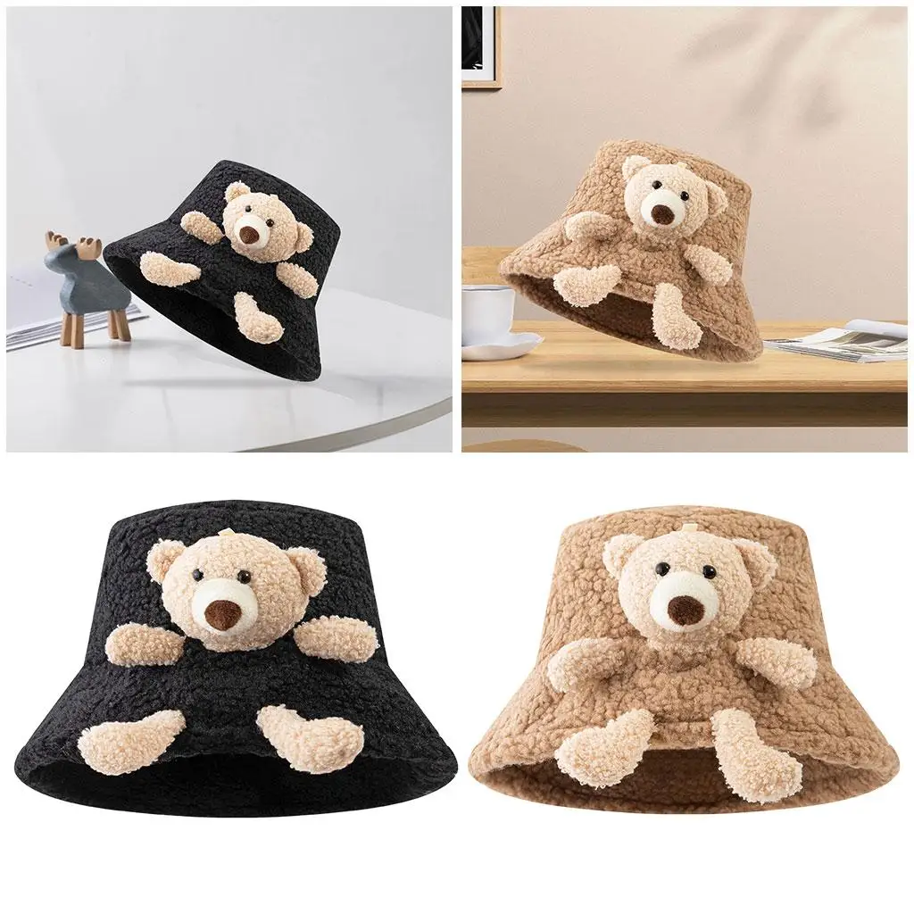 Women Warm Bucket Hat 3D Stuffed Cute Outdoor Harajuku Teddy Bear Plush