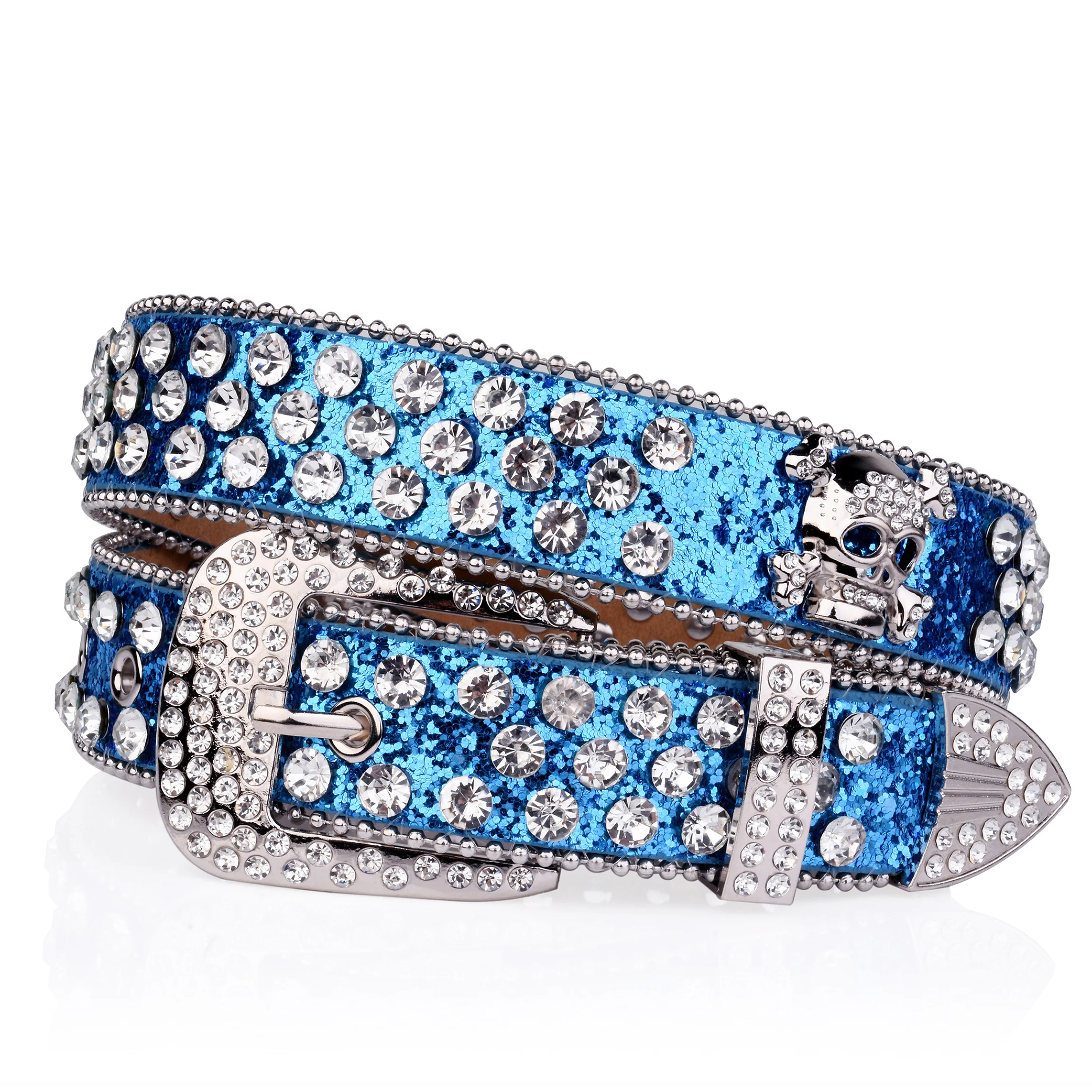 Strass Schädel Nieten Gürtel Blau & Rot Glitter PU Gürtel Hip Hop Jeans Hosen Gürtel Punk Cowboy Cowgirl Gürtel für Frauen Männer – Detail 1