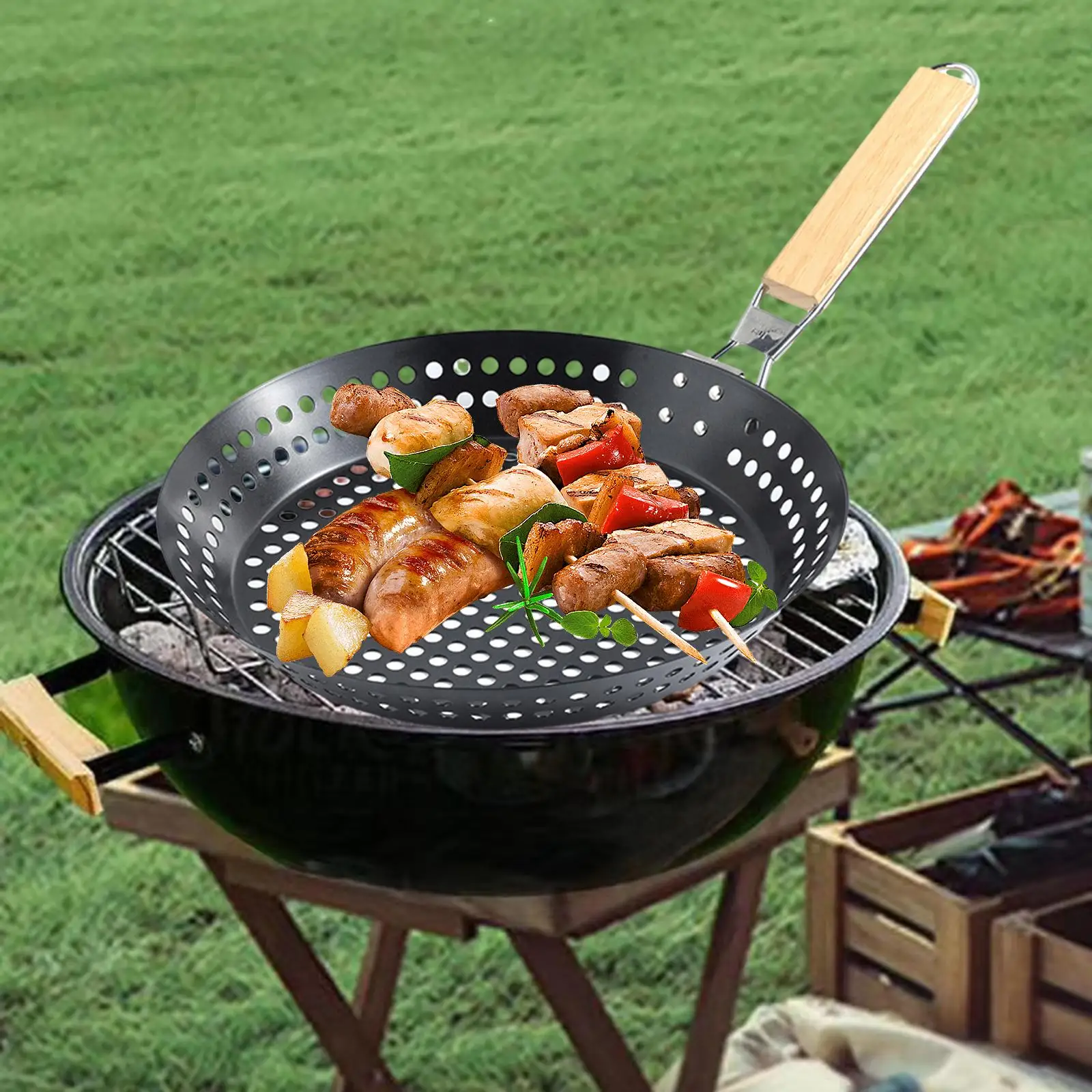 Bakeware Grill Pan Frying Pan Folding Handle Cooking Pan Barbecue Grilling Plate for Hiking Kitchen Baking Travel Backpacking