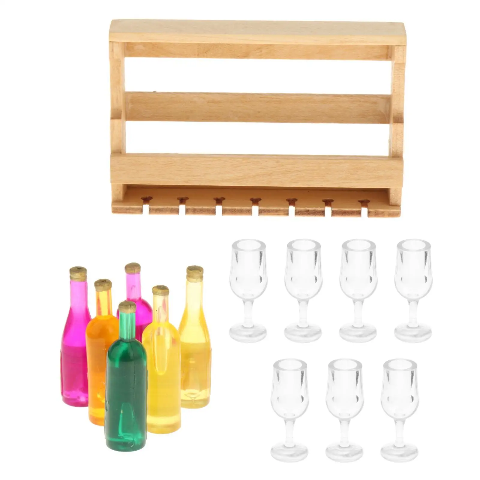 14 Pieces 1:12 Wine Rack with Bottles and Glass Cup Toys Life Scene Furniture Pretend Play for Kitchen Bar Living Room Decor