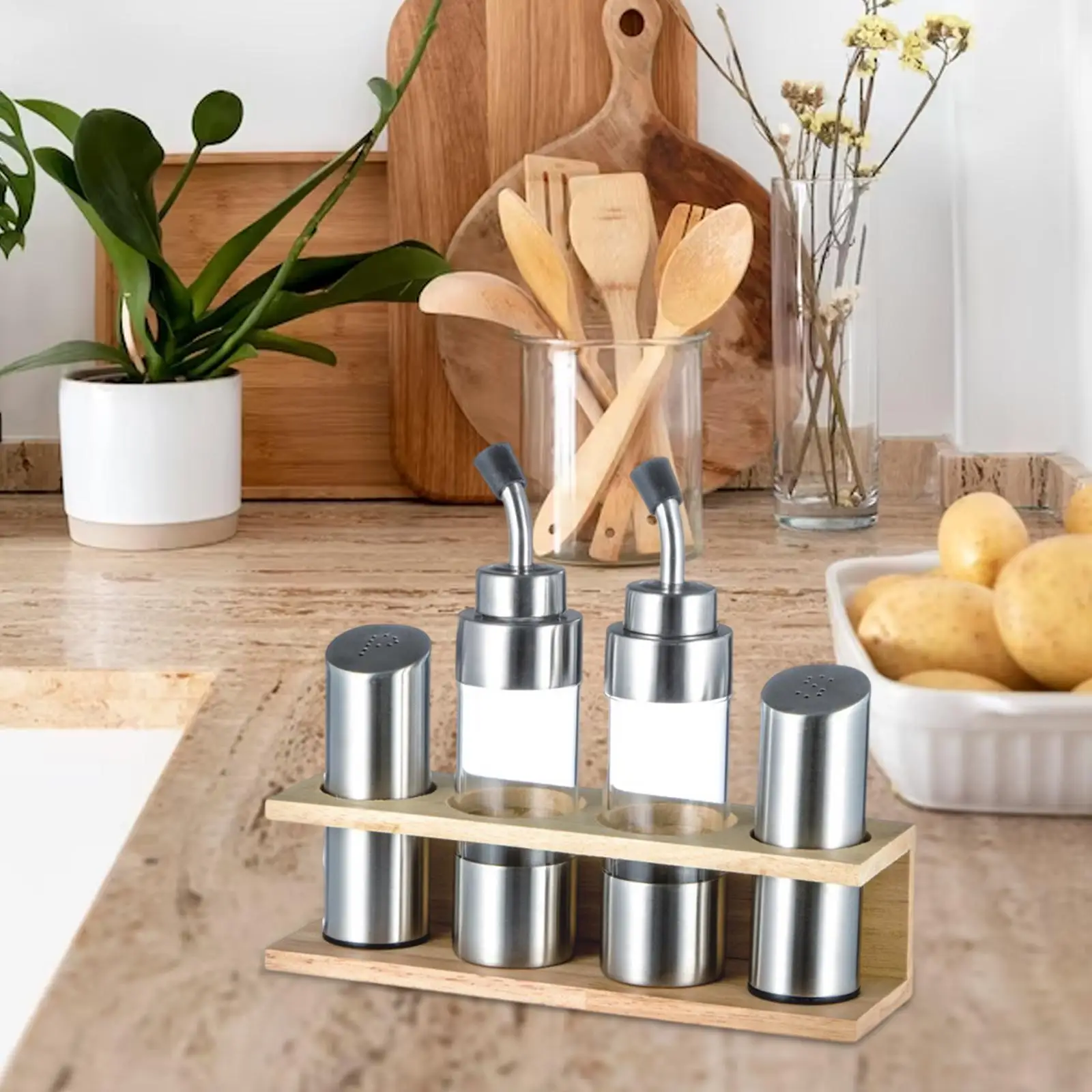 Oil Bottle Seasoning Jar Set Spice Container Oil Pot with Wooden Base Leakproof Durable for Home Tabletop BBQ Restaurant Kitchen