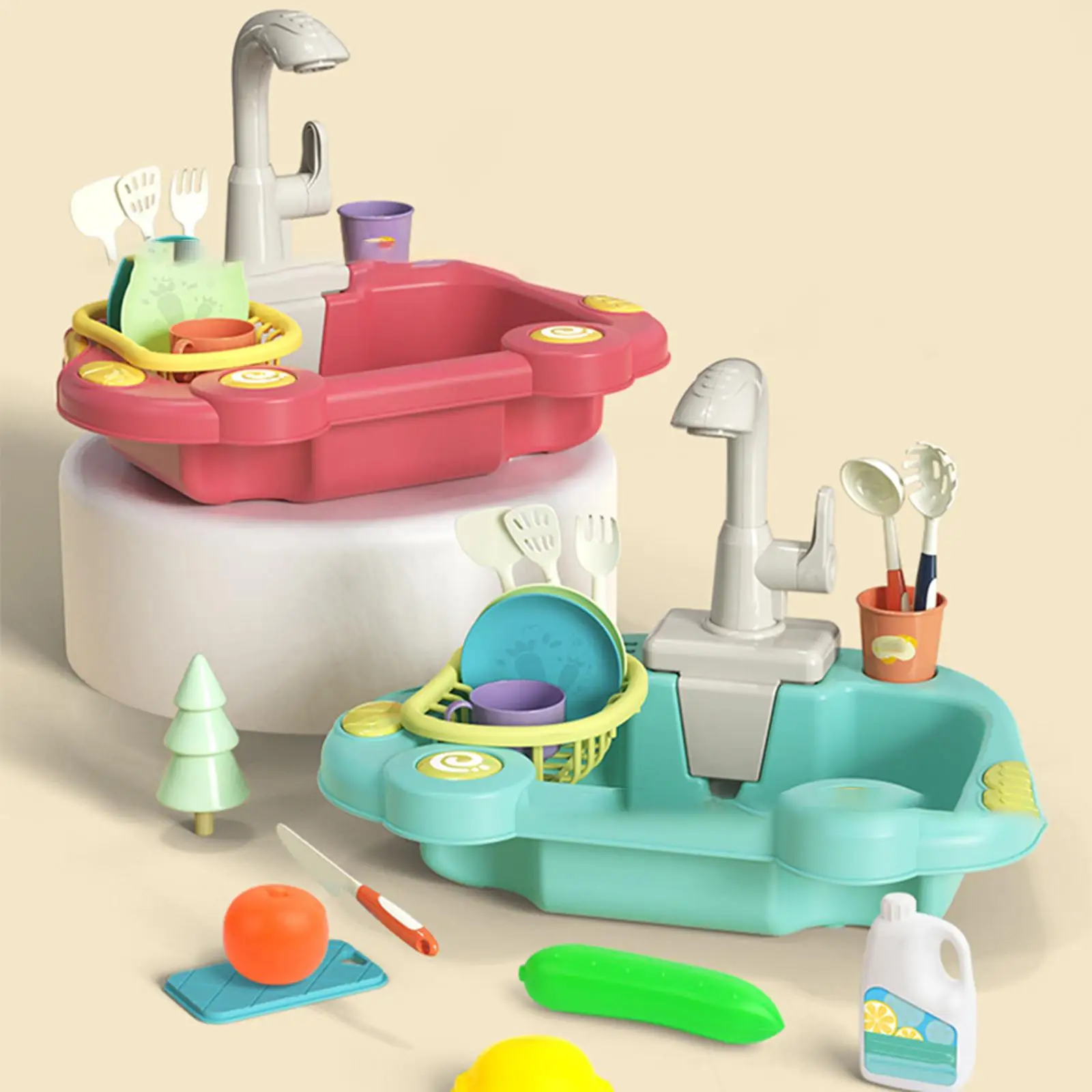 Kitchen Sink Toy Running Water Dishes Electric Faucet Play Set Pans 7L Child