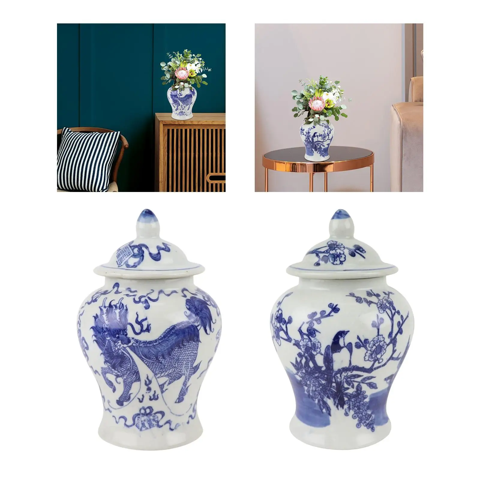 Blue White Ceramic Vase Tea Storage with Lids Ceramic Storage Jar Porcelain Temple Jar Decorative Jars for Dining Kitchen Decor