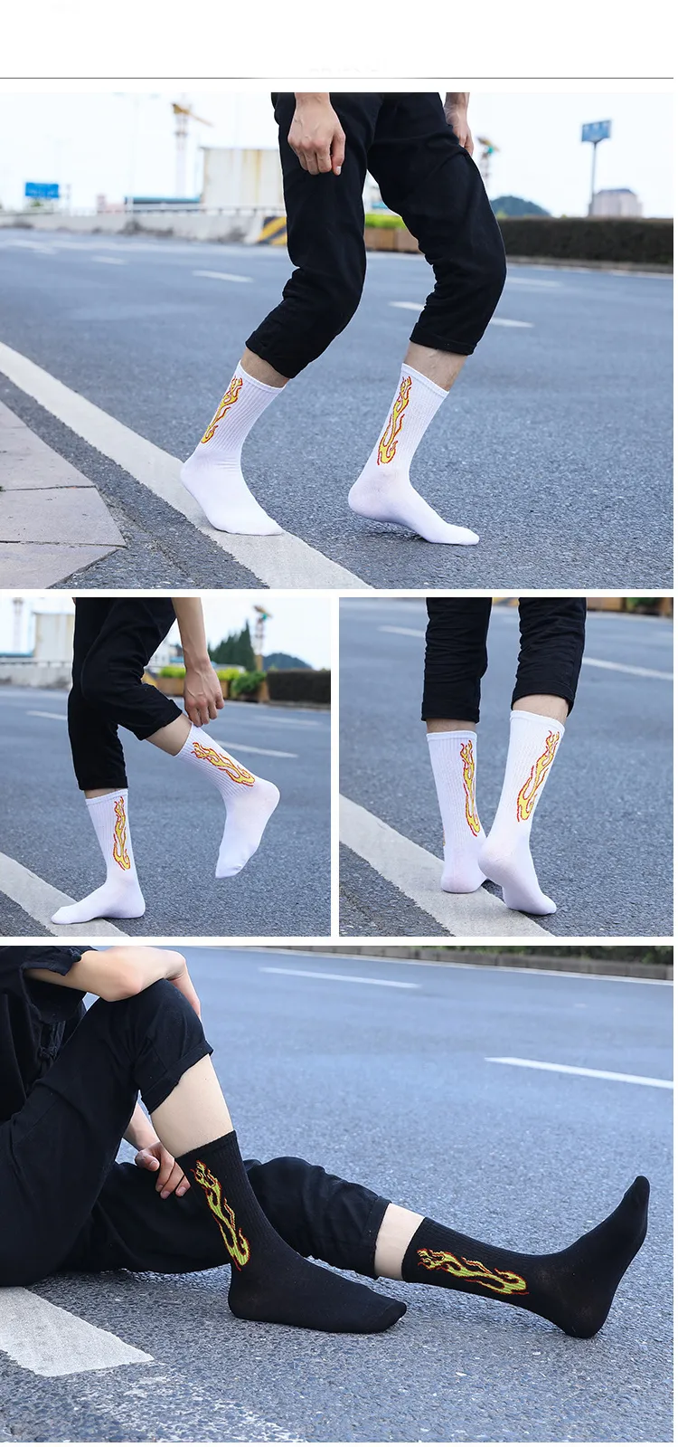 1 Paar neue Trend der Herrensocken Schwarz Weiß Burning Flame Hip-Hop Blaze Power Torch Hot Streetwear Skateboard – Detail 6