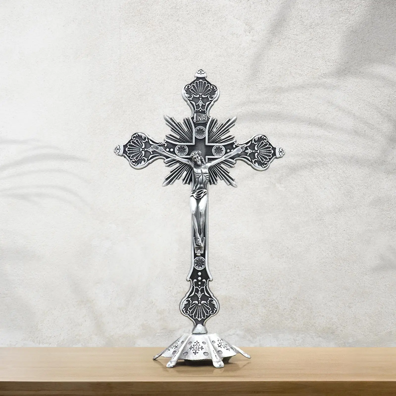 Jesus Crucifix Sculpture Jesus Cross Statue Catholic Figurine Standing Crucifix for Home Altar Living Room Table Bedroom