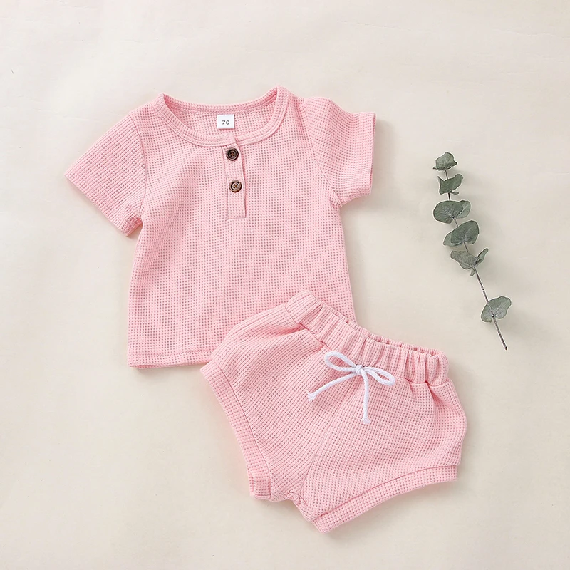 Cotton Casual Summer Newborn Baby Boys Girls Outfits Suit Ribbed Knitted Short Sleeve T-shirts Tops+Shorts 2Pcs Kids Tracksuits Baby Clothing Set discount