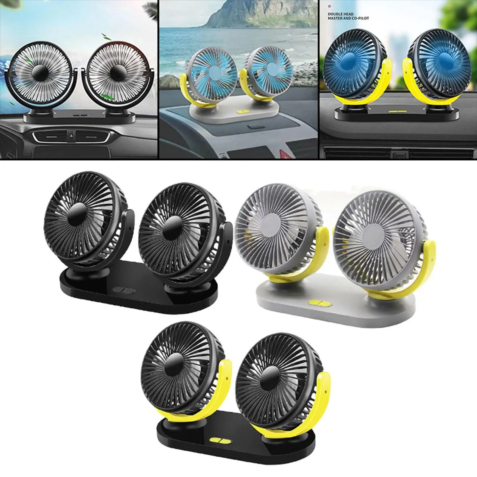 Mini Electric Car Fan Dual Head Dual Head 3 Speed Adjustable USB Powered Auto Cooler Low Noise Fit for Vehicle Office Truck RV