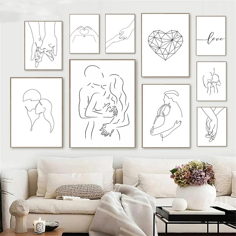 Black White Couple Line Wall Art Canvas Painting Line Drawing Hand Love Kiss Posters and Prints Nordic Picture Living Room Decor