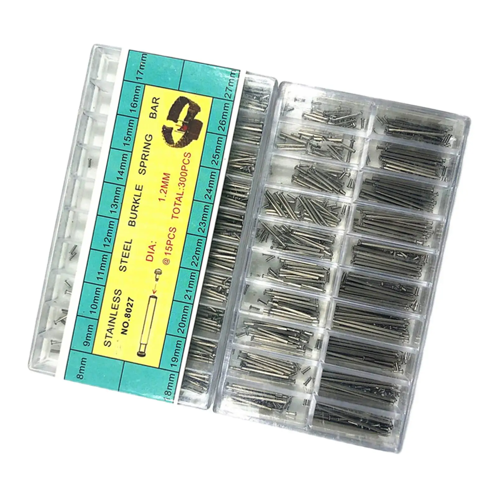 300Pcs Stainless Steel Watch Band Spring Bars 8-27mm Straight Pins with Storage Case Repair Kit 20 Sizes Jewelry Making