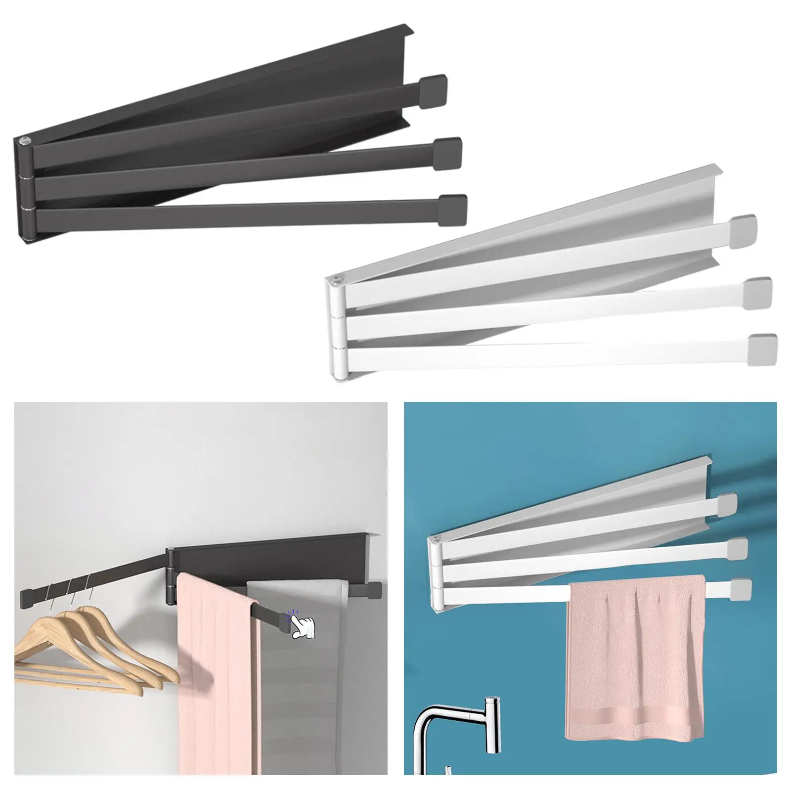 Swivel Towel Bar Hanger Organizer 180 Rotation Wall Mounted Rail Steel with 3 Arms Holder Rack for Bathroom Accessories Kitchen