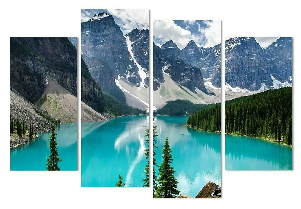 4 Panel Rocky Mountain Lake Moraine Banff Alberta Canada No Framed Canvas Wall Art Paintings Print