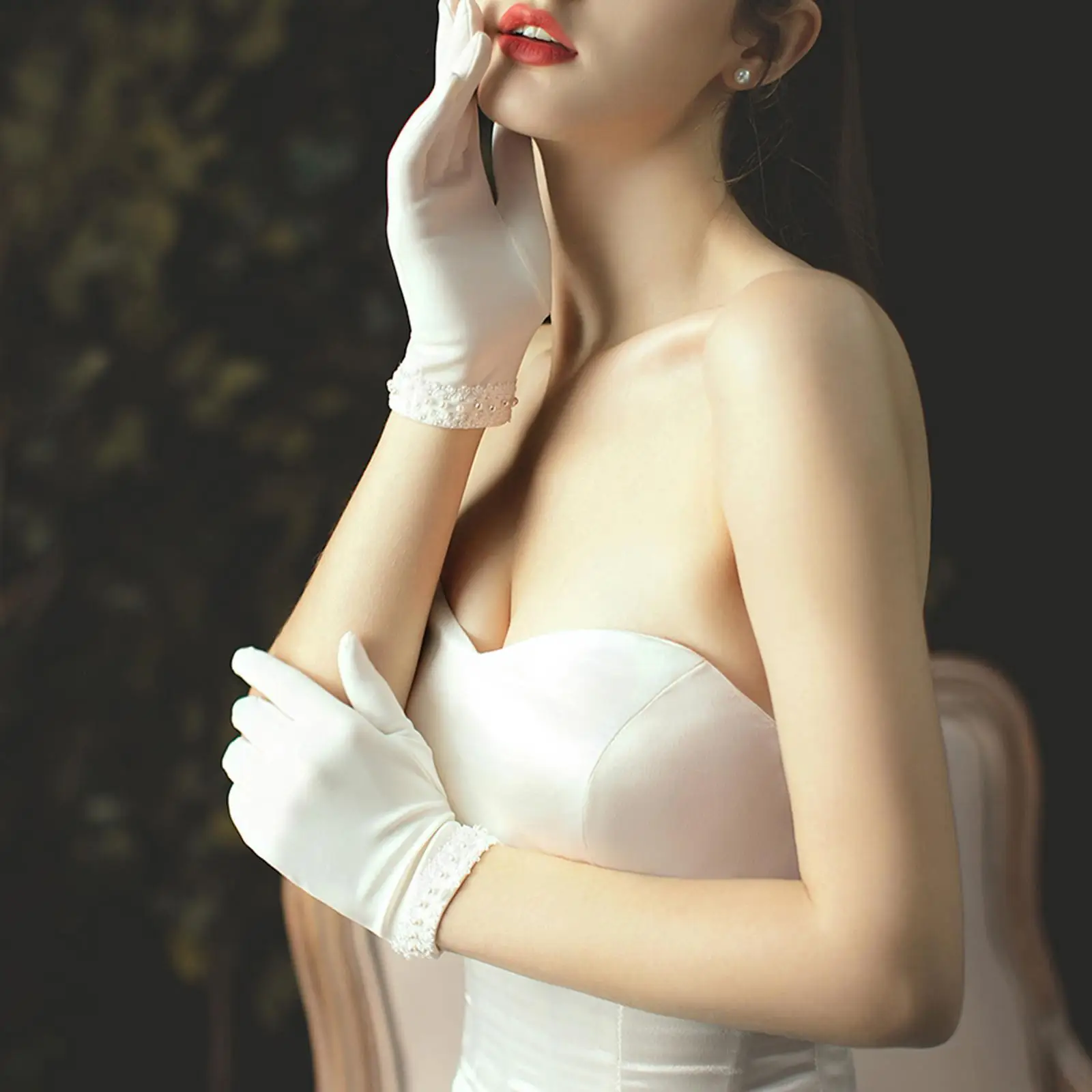 Bridal Short Satin s Wrist Length s Women`s Gown s Opera Wedding Banquet Dress 