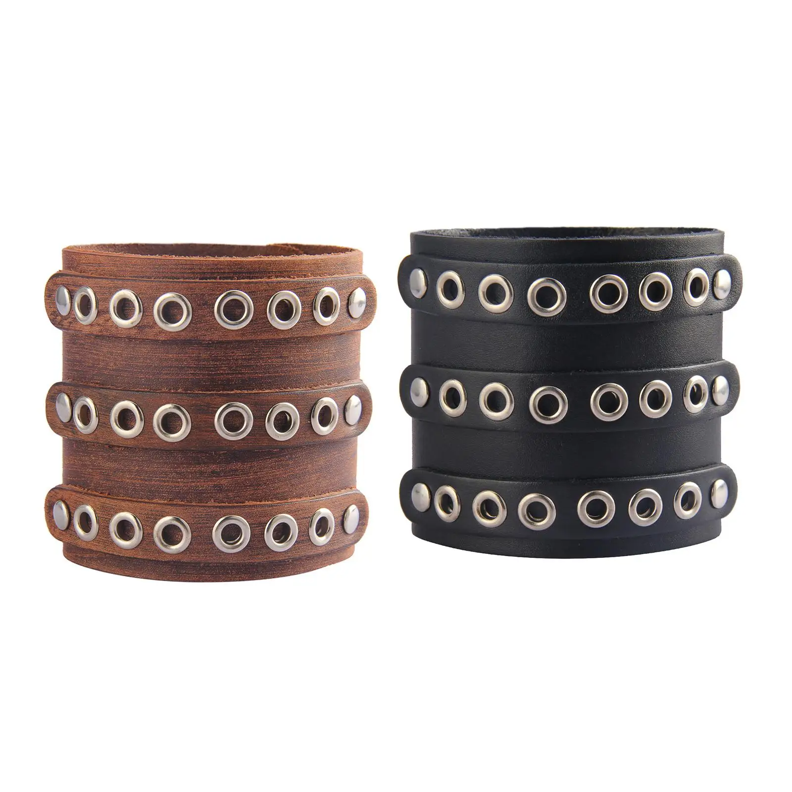 PU Leather Bracelet Vintage Fashion Three Rows of Holes Hip Hop Cuff Wrap Bracelet for Birthday Party Husband Men Women Brother