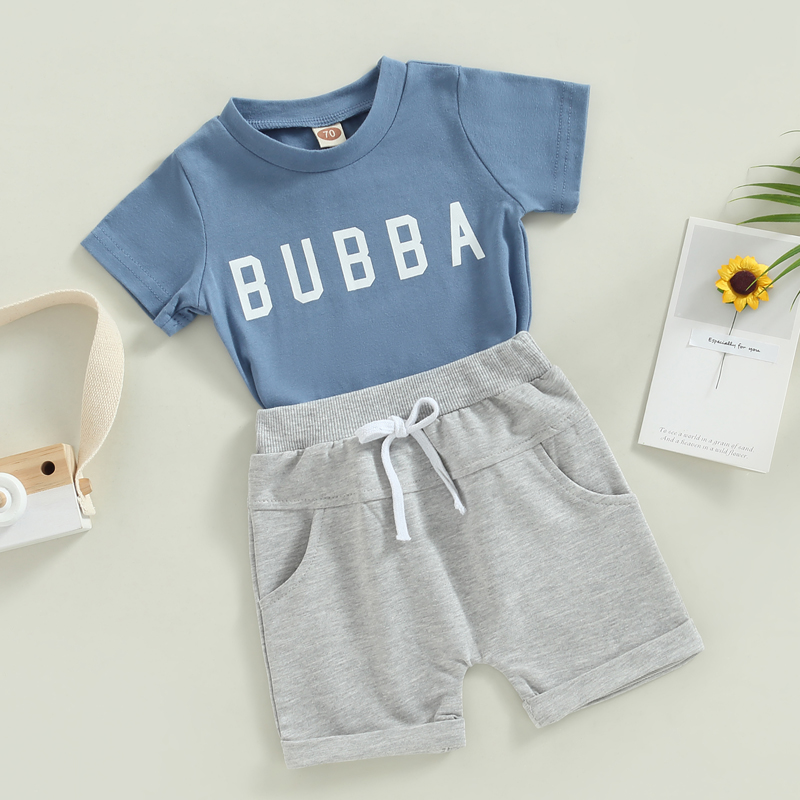 FOCUSNORM 4 Farben Sommer Kausalen Baby Jungen Kleidung Sets 2 stücke Brief Drucken Kurzarm Pullover T Shirts + Solide shorts – Detail 2