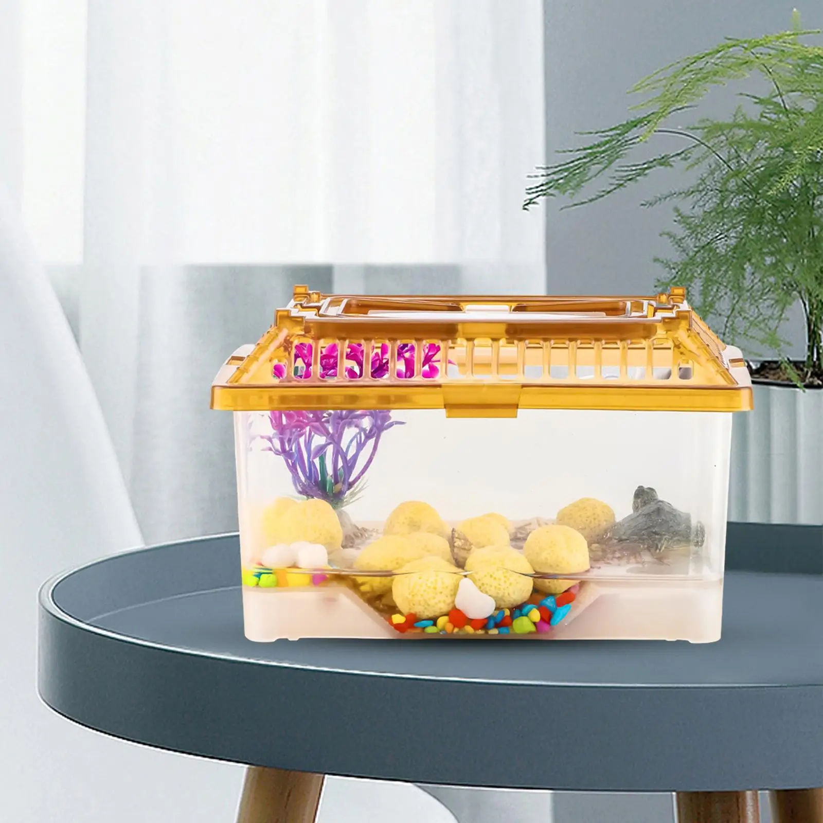 Small Turtle Tank with Sun Terrace Turtle Breeding Box with Cover Pet Feeding Box Small Fish Tank for Hermit Crabs Tortoise