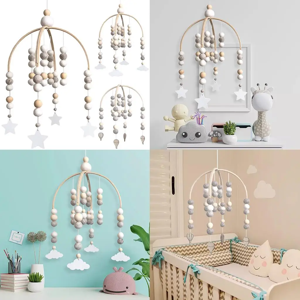 Mobile Wind Chime, Nordic Style, with Wool Balls, Wooden Ornament Cot Hanging