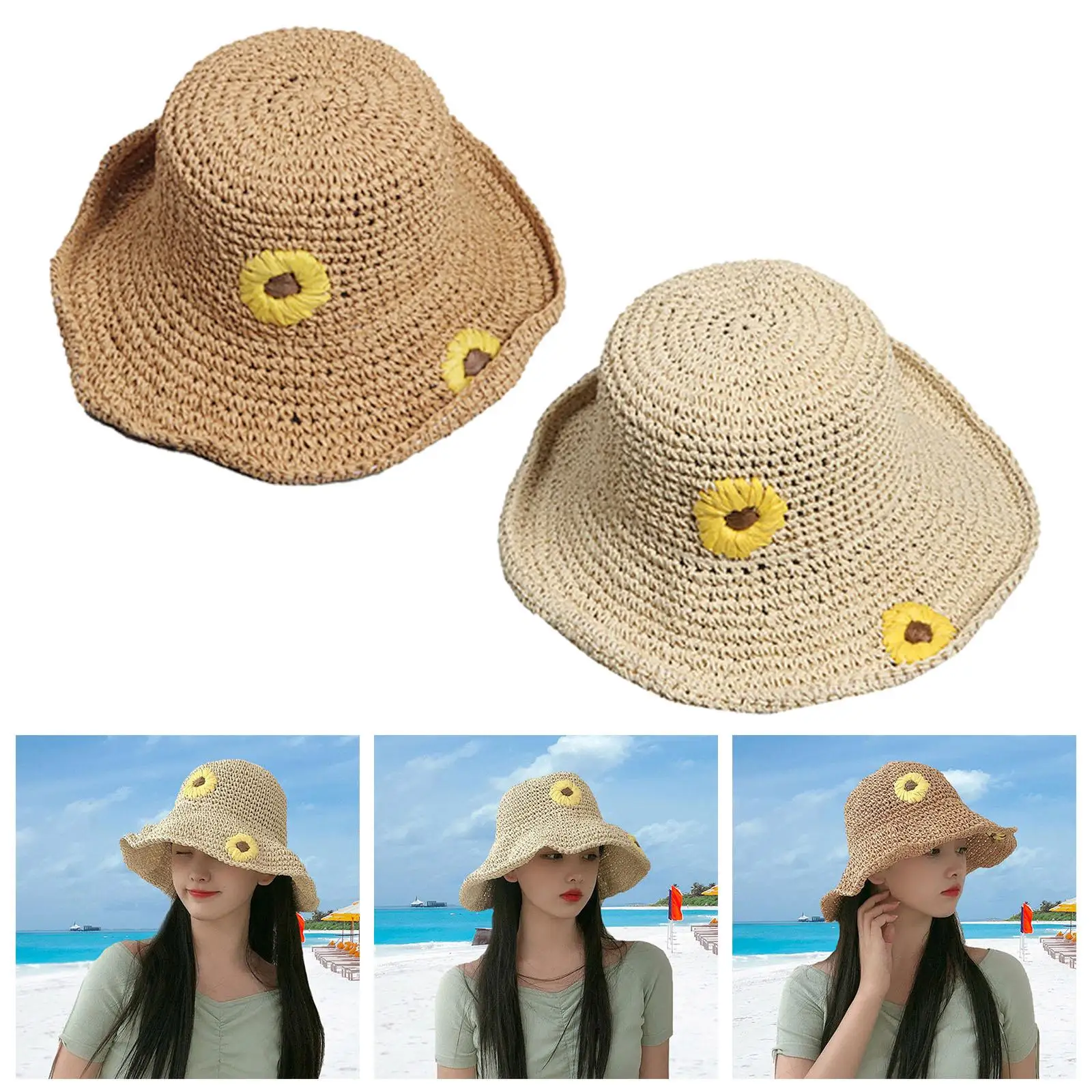 Womens Straw Beach Sun Hat, Packable Wide Brim Beach Hat for Women UV Summer caps