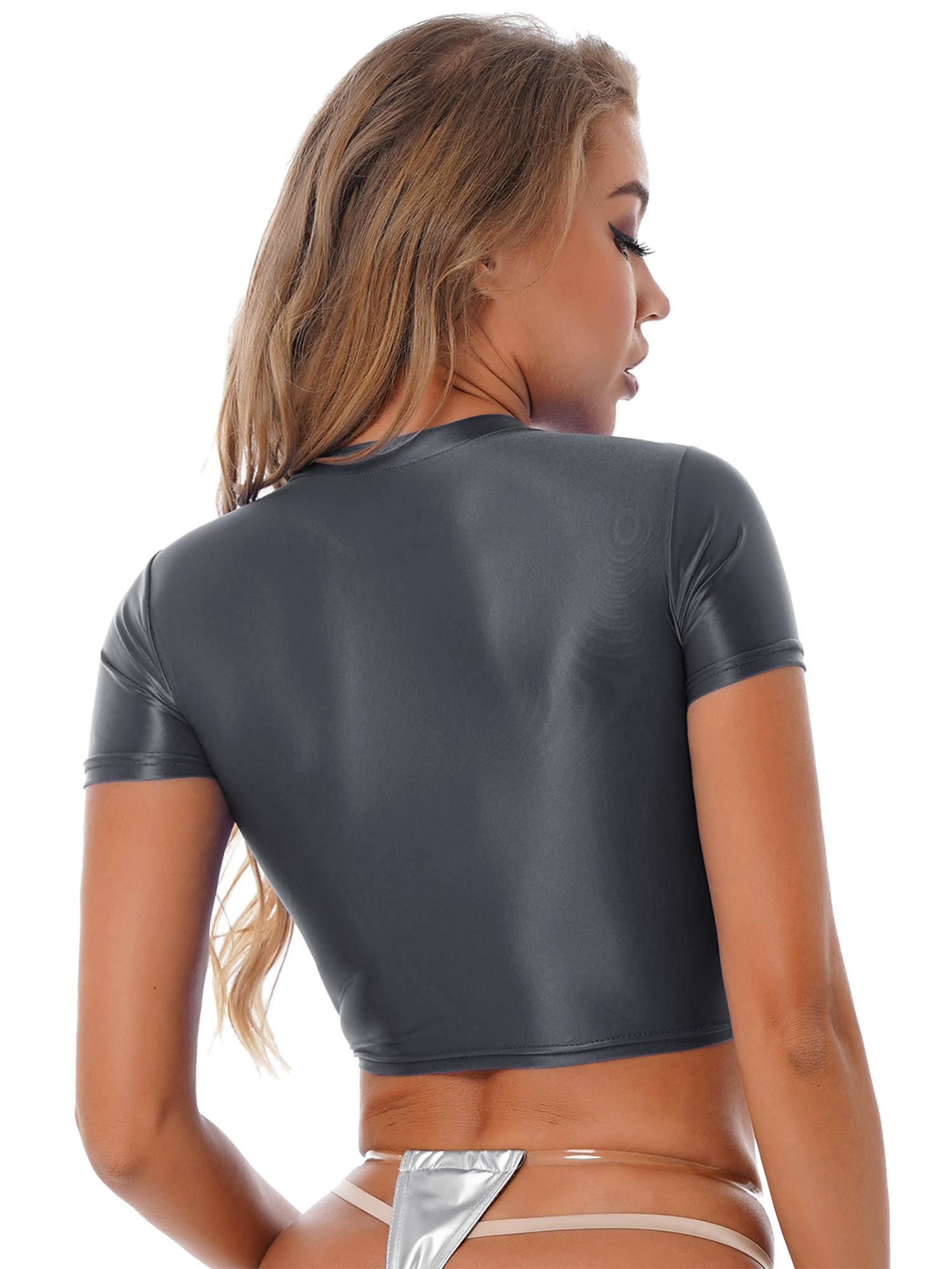 Glänzendes, kurzärmliges Crop-Top für Damen, einfarbig, Rundhalsausschnitt, schmale Passform, glattes, dehnbares Tanktop, Yoga-Sportbekleidung, Badebekleidung – Detail 31