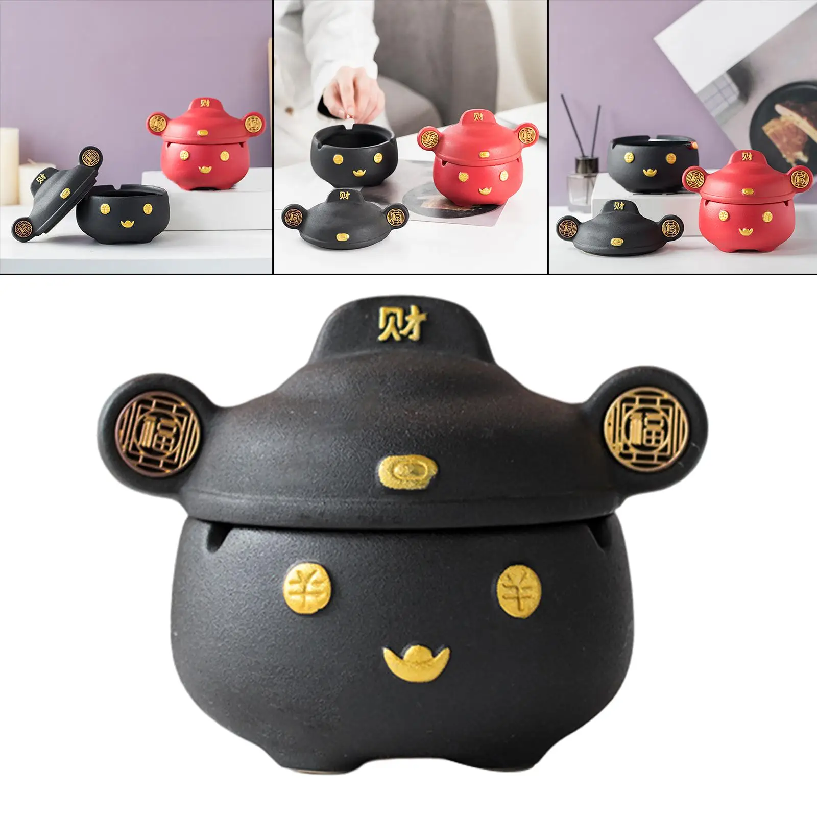 Cute Chinese GOD of Wealth Ashtray with Lid Good Luck Statue Sculpture Ash Catcher for Home Desktop Indoor Men Gift Decoration