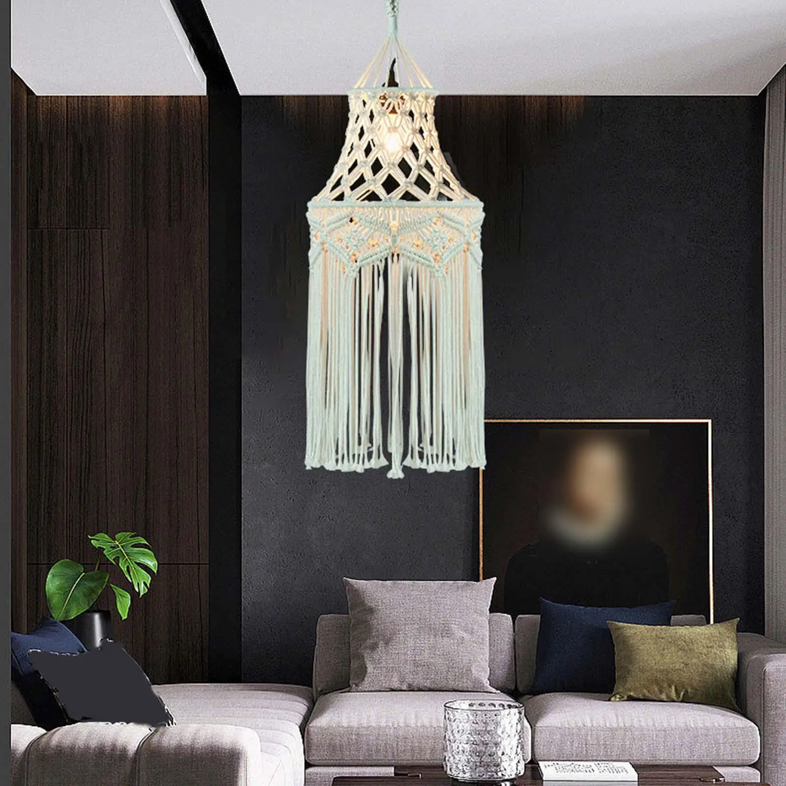 Modern Macrame Lamp Shade Handmade Woven Tapestry Boho Hanging Lampshade Pendant Light Cover for Dorm Kitchen Office Decoration