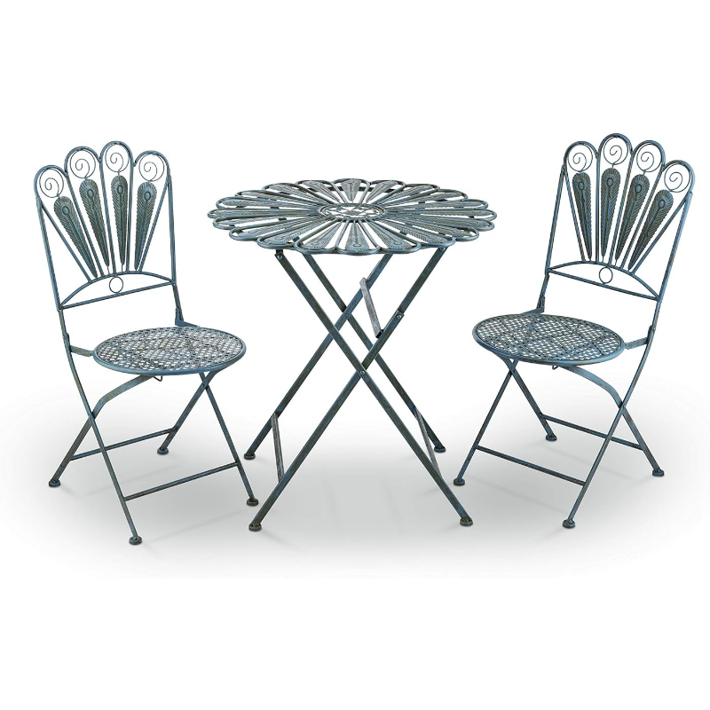 Description Picture 3 of itemAlpine Corporation Indoor/Outdoor 3-Piece Peacock Feather Rustic Metal Bistro Set Patio Seating, Light Blue, 30 Inch Tall