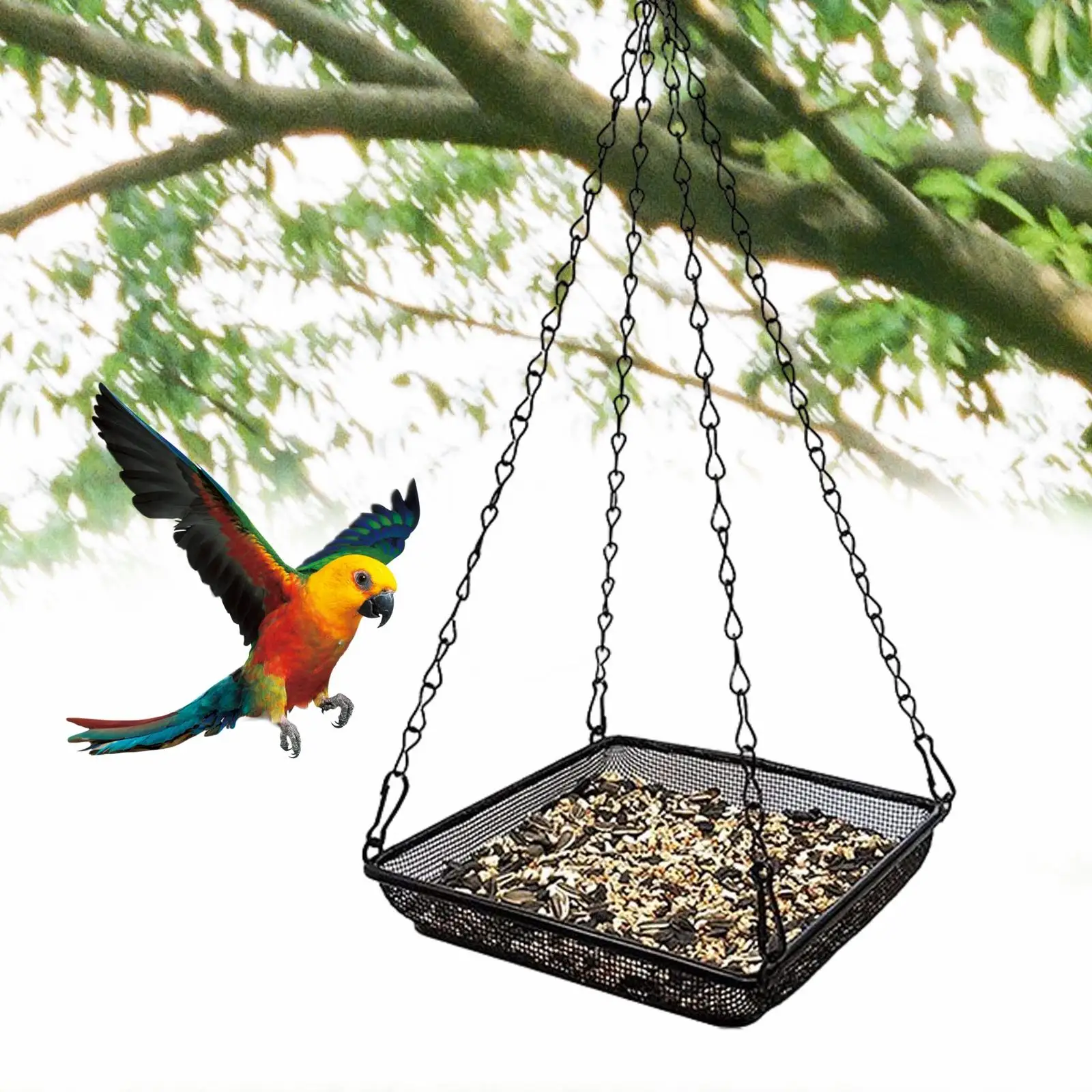 Hanging Bird Feeder Tray Durable Chains Metal Mesh Platform for Outdoors