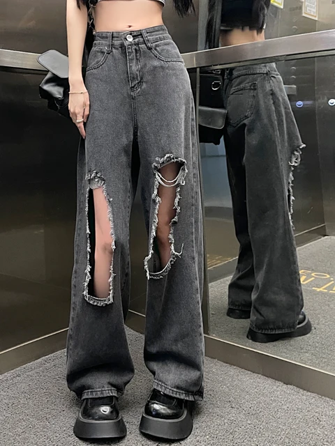 Casual Fashion Broken Hole Denim Pants Vintage Loose Ripped Baggy Jeans  High Wasit Straight Wide Leg Trousers Summer Vaqueros