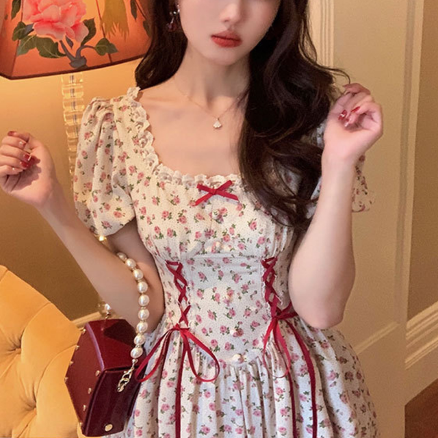 Women Cute Floral Dress Lace-up High Waist Corset Dress Cottagecore Puff Sleeve Square Collar - Image 6