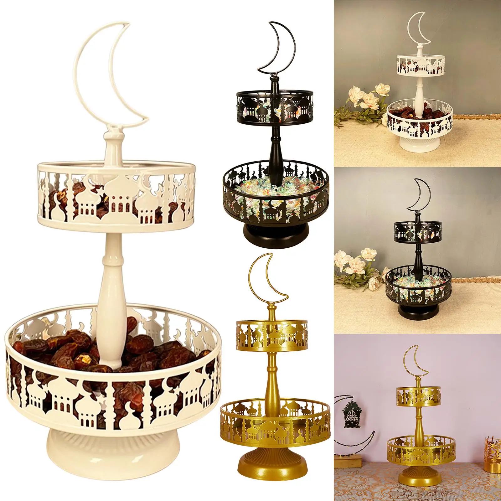 Two-Layer Cake Stand Decor Display Holder Fruit Gift Plate Ramadan Castle Pastry Serving Tray for Home Holiday Party Living Room