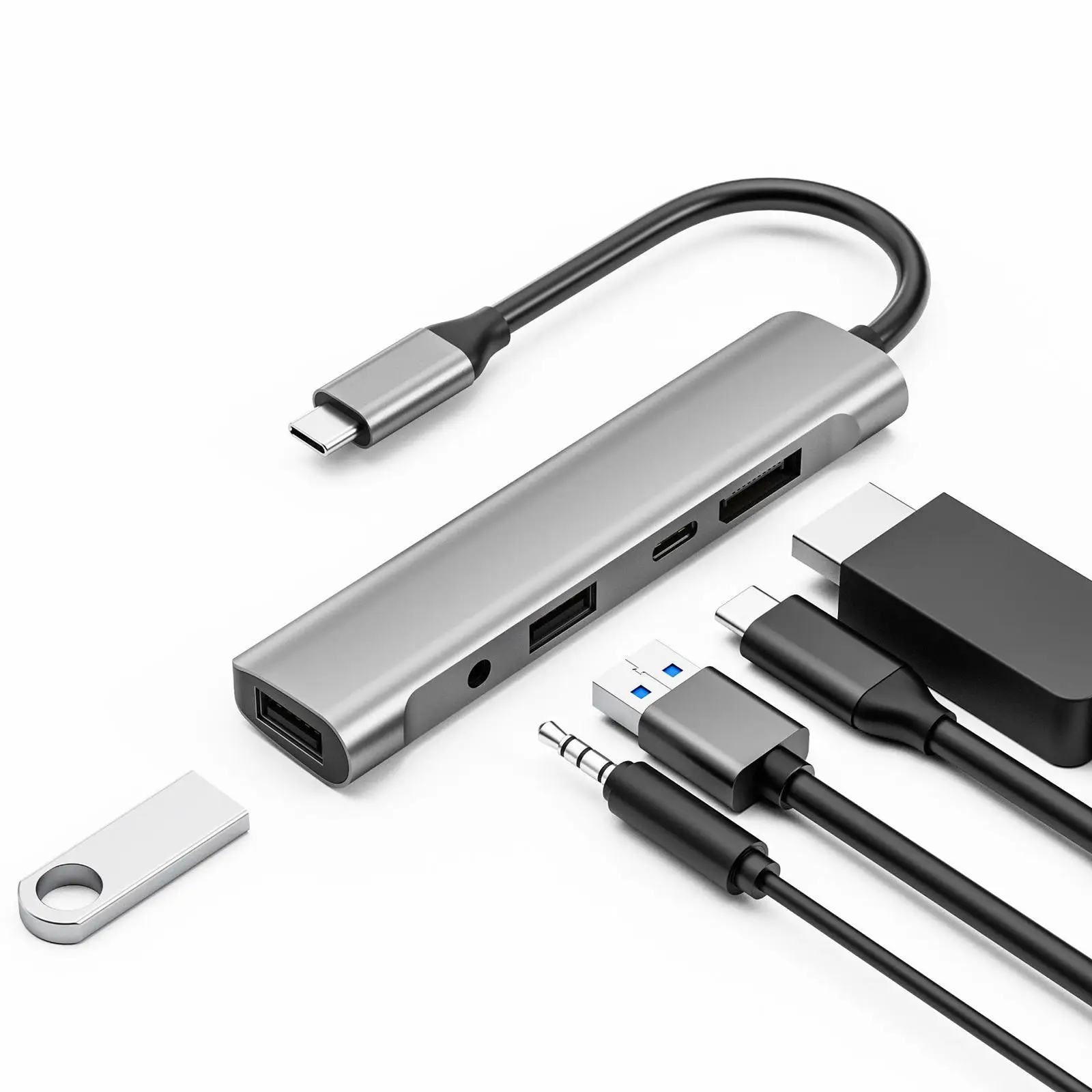 Portable 5 in 1 USB C Hub 60W PD Charger 3.5mm Jack 8K/6K/5K/4K Output Slim USB C to Display Adapter for Monitor Projector Mic