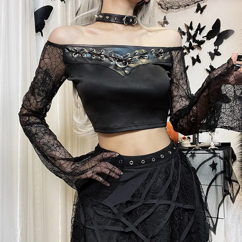 Ruibbit One Shoulder T-shirts Goth Y2K Grung Street Lace Flare Sleeve Leather Lace-up Crop Top Sexy Backless Luxury Party PU Tee