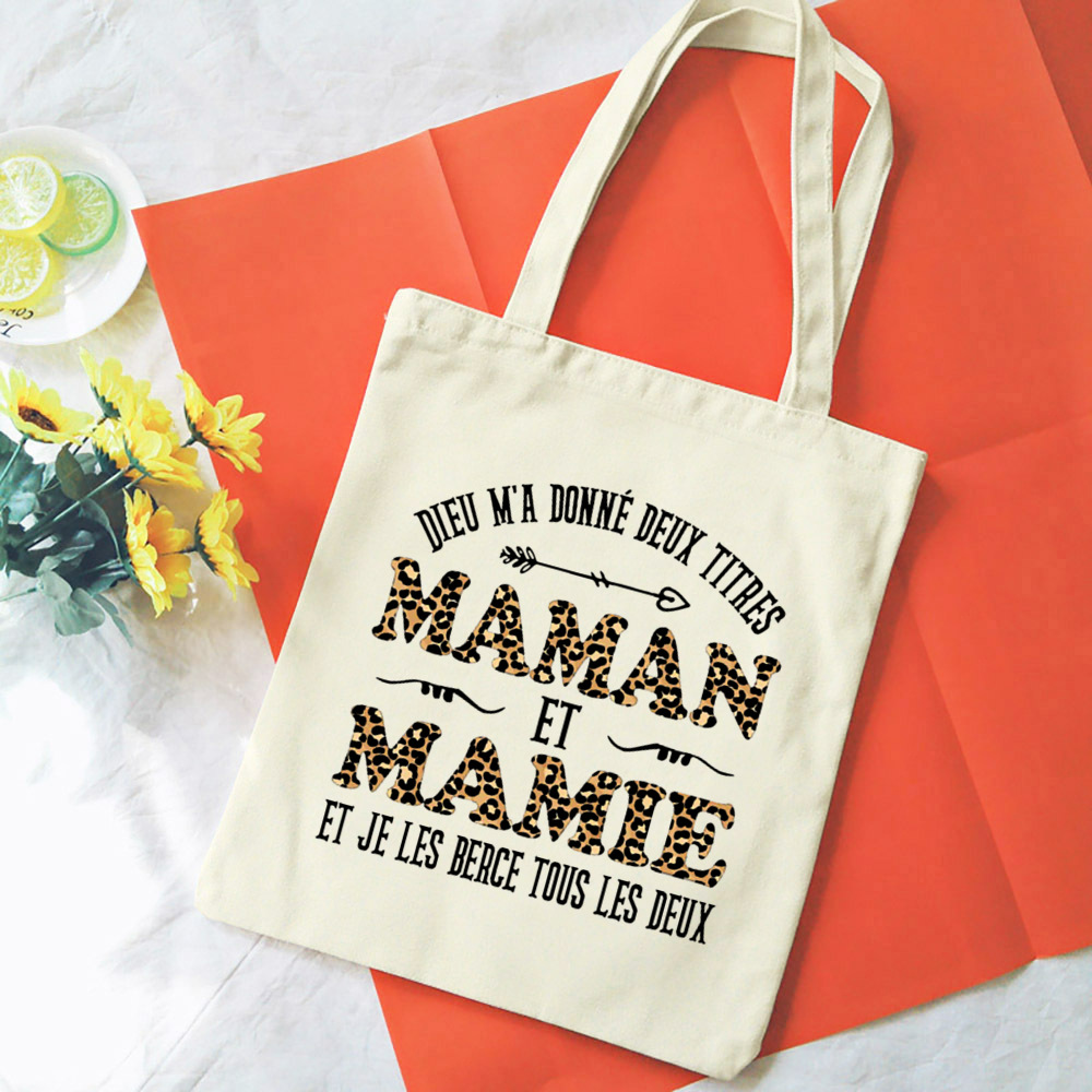 Französische Mamie-Druck-Schultertaschen aus Segeltuch, weibliche Einkaufstaschen, Damen-Reisehandtaschen, umweltfreundliche, wiederverwendbare Aufbewahrungstasche, Geschenke für Oma – Detail 23