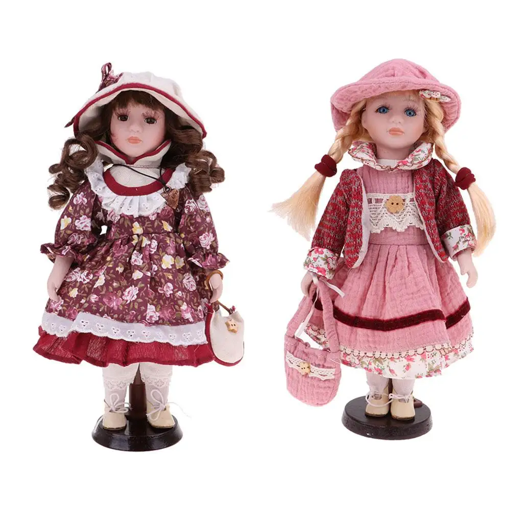2pcs 30cm   Porcelain Doll with Dress Set & Stand Home Display Decor