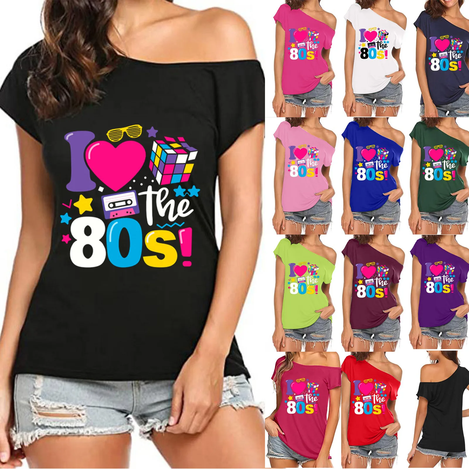 I Love The 80s Off The Shoulder Tops Female Summer Casual Short Sleeve Graphic Tees Streetwear Disco Costumes -Sfb936e13ce6f47f79049f26874f081e7c