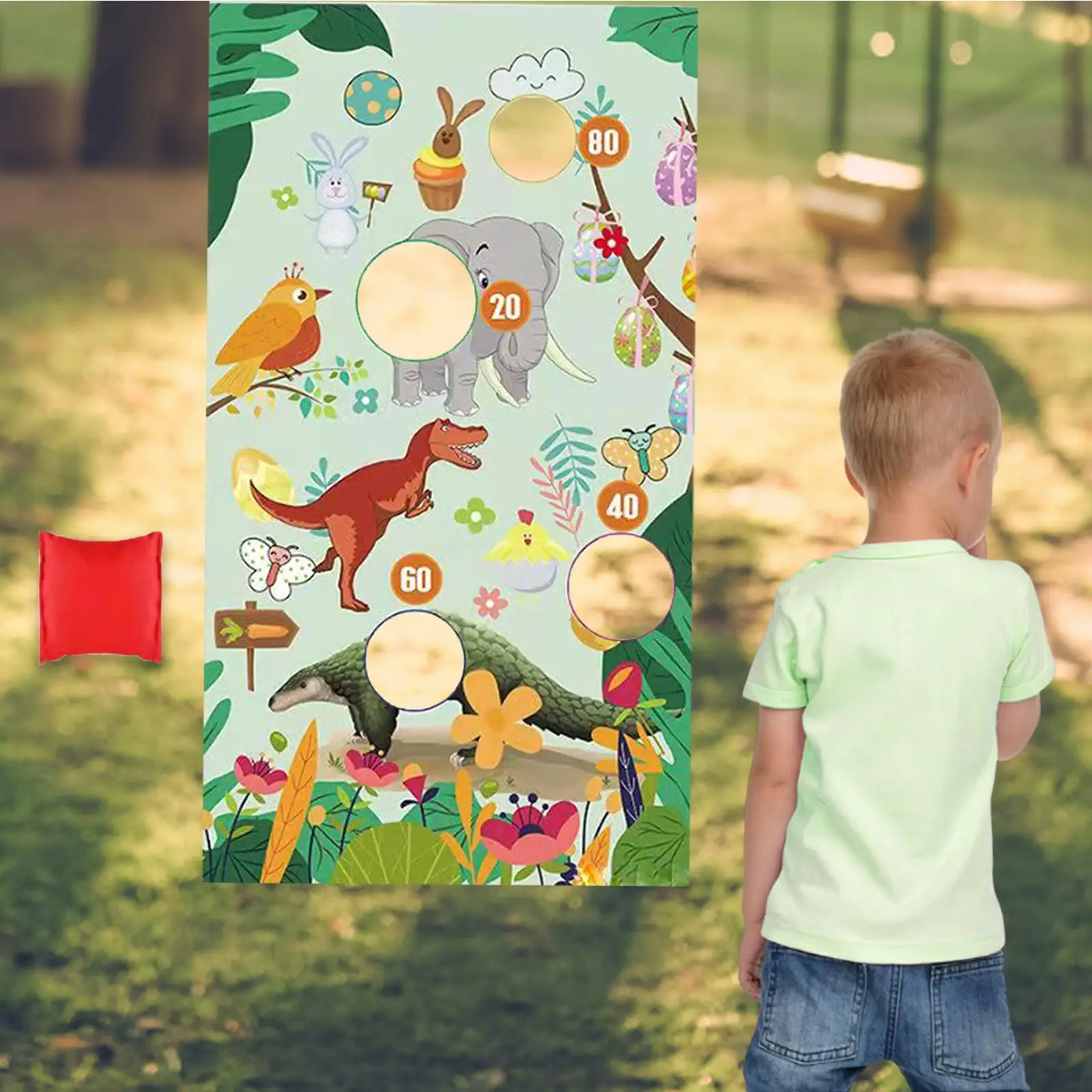 Hanging Sandbag Throw Game Toys with Sandbag Toss Game Banner Jungle Animal Pattern for Festival Birthday Gift Children