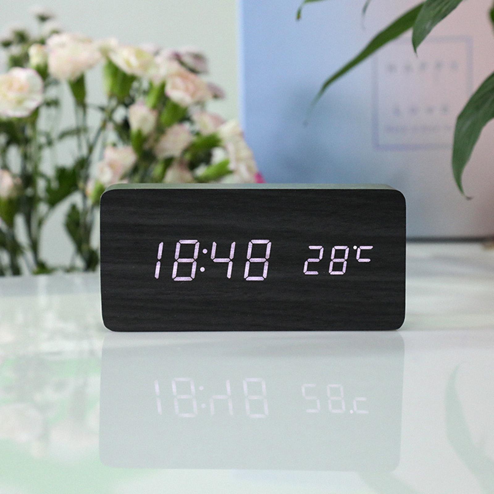 Portable Digital Alarm Clock Temperature Date Display Wood LED Office Decor