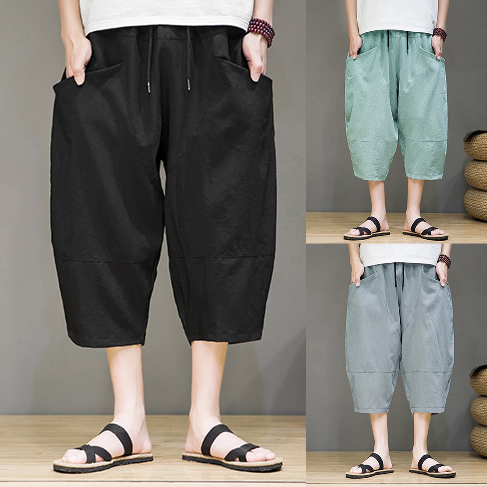 Description Picture 2 of itemMale Soild Trousers Spring Summer Seven Point Pants Loose Streetwear Pocket Lace-Up Thin Comfy Mens' Trousers Ropa Hombre