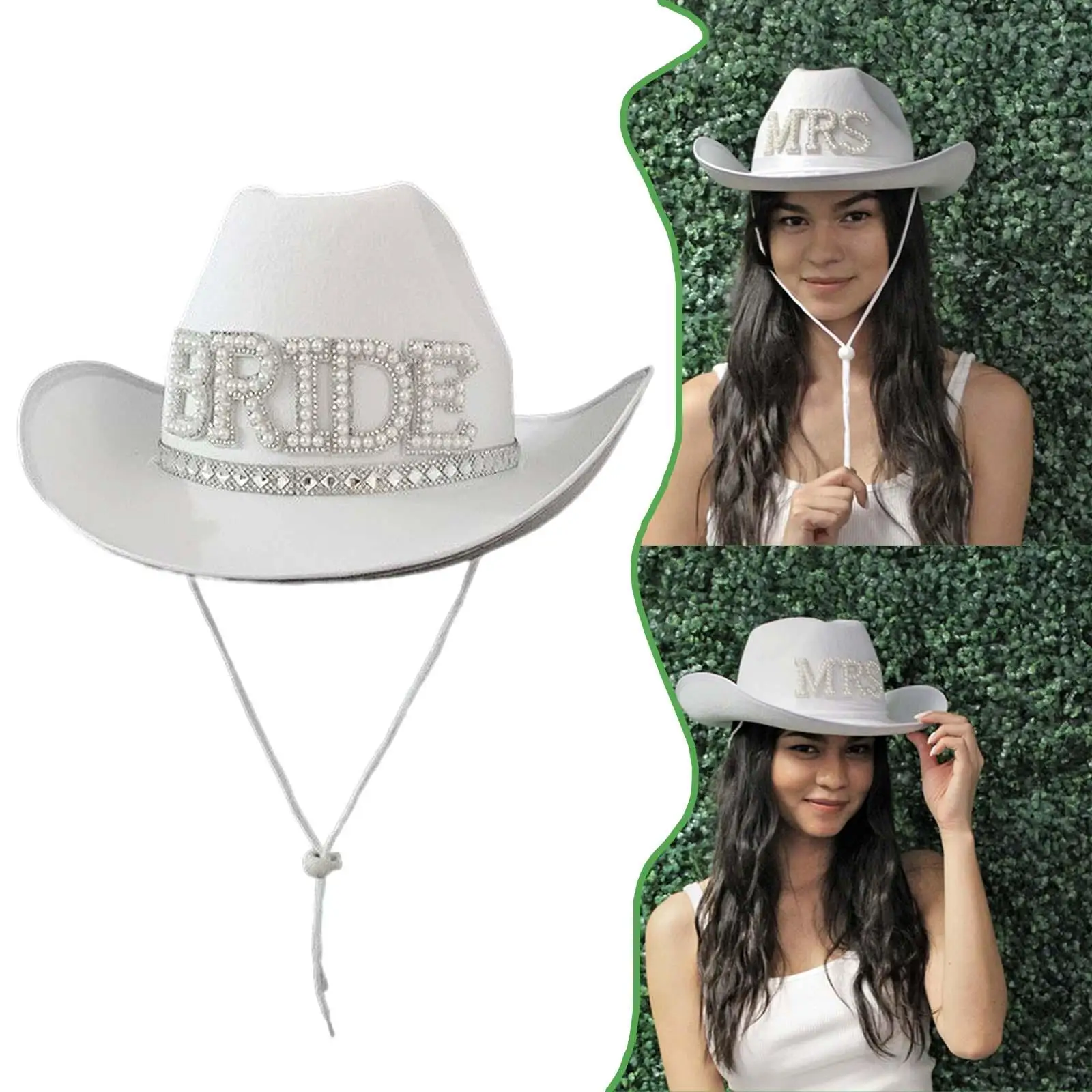 Wild West Women Cowboy Hat Fancy Wide Brim Pearl Beaded Cowgirl Hats for Summer Outdoor Engagement Party Cocktail Decorative