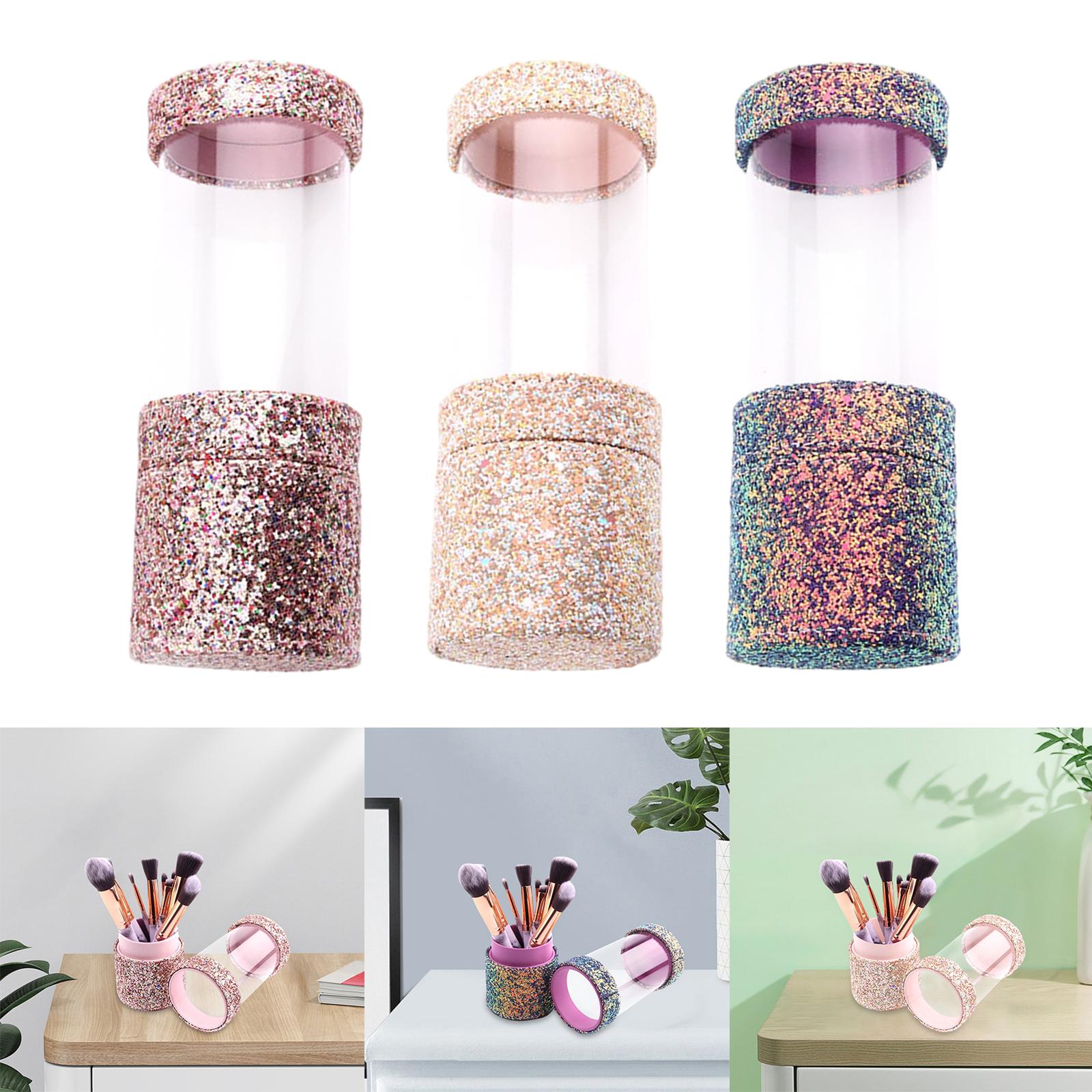 PU Leather Glitter Holder Dustproof Bling Transparent Storage Case for Cosmetics Desktop Travel Vanity Women