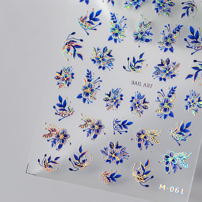 Best of Acrylic Engraved Nail Sticker Holographi Blue Flowers Gold Line Self-Adhesive Nail Transfer Sliders Wraps Manicures Foils Z0661 Reviews & Tips