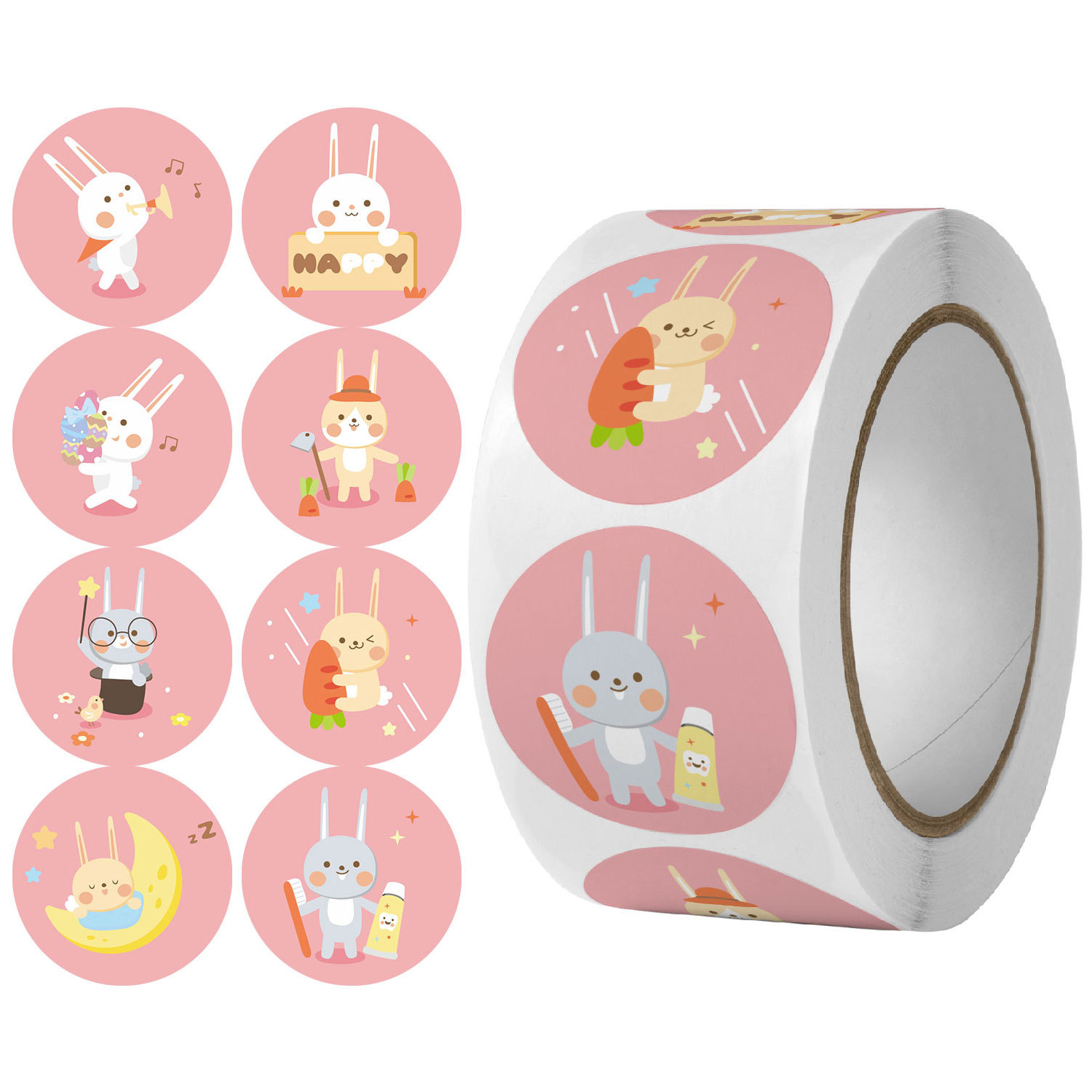 100–500 Stück runde, niedliche Tier-Aufkleber mit rosa Kaninchen, Party-Aufkleber, selbstklebend, DIY-Siegelaufkleber, dekorative Aufkleber für Album, Tagebuch, Cartoon-Etiketten, Dekor – Detail 1
