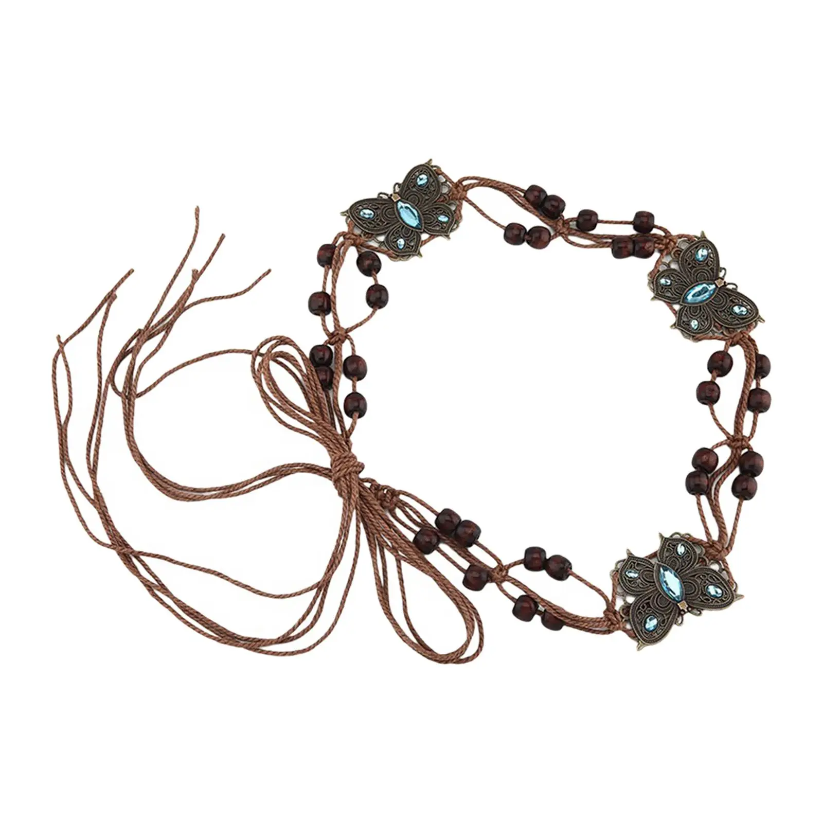 Boho Belt Adjustable Decorative Belt Ladies Skinny Belt Waistband Casual Wooden Beads Woven Waist Belts for Coats Dresses