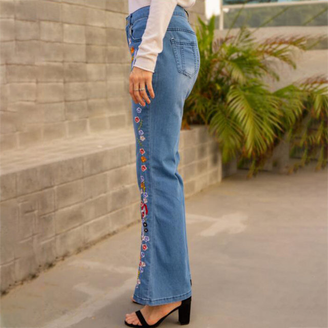 Women Jeans High-rise Bell Bottom Flare Jeans Floral Embroidered