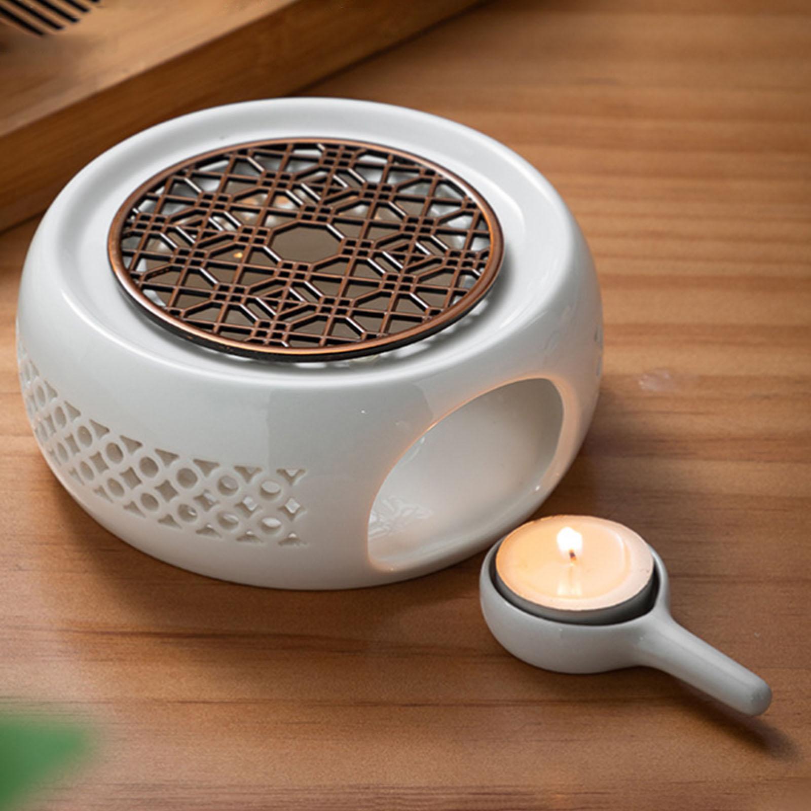 Round Ceramic Teapot Warmer Tealight Furnace with Candle Tray Heater Trivet Dish Cup Heat Pot for Heating Coffee Milk or Tea